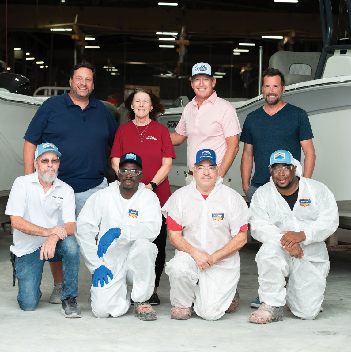 Sea Fox Team Members that have been with the company for 20+ Years. Back Row: Chris Nemeth (20 yrs), Lynn Gouldsmith (20 yrs), Freddy Renken (36 yrs), Ryan Balderson (21 yrs). Front Row: Edgar “PeeWee” Tubleston (49 yrs), Travis Ancrum (20 yrs), Edwin “Papi” Roman (27 yrs), Jimmy Ancrum (21 yrs).